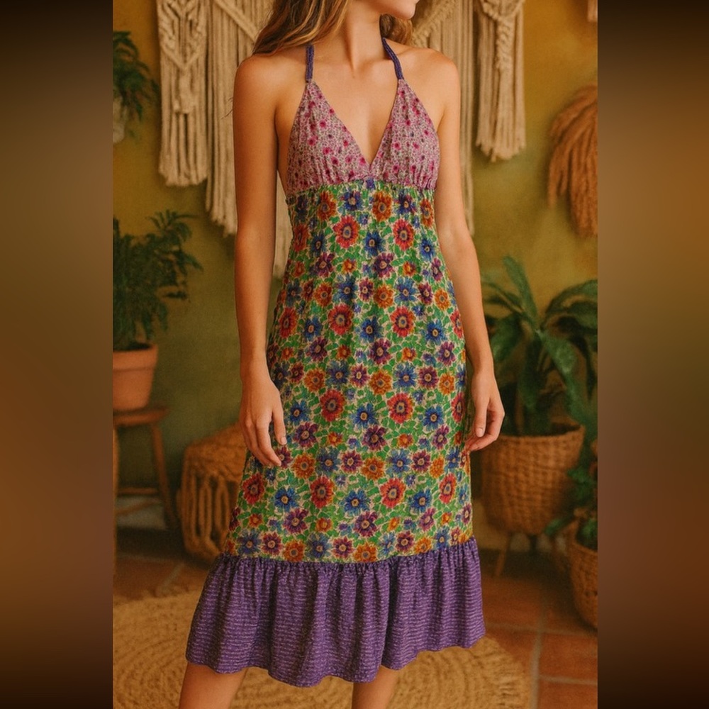 Vintage Style Lucky Brand Boho Floral Pattern Halter Dress Size Small 70s Hippie